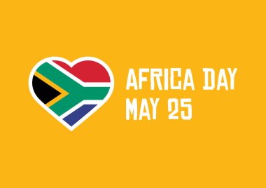 Güney Afrika 'daki Afrika Günü kalp taşıyıcısının bayrağı. Güney Afrika ikonunun bayrağı. Güney Afrika bayrağı kalp şeklinde. Afrika Günü Posteri, 25 Mayıs. Önemli bir gün.