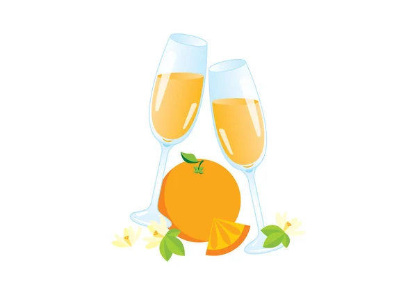 Bicchieri Champagne Con Vettore Icona Arancione Vettore Brindisi Celebrativo Mimosa — Vettoriale Stock