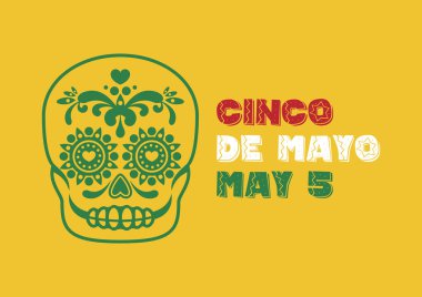 Dekoratif kafatası vektörlü Cinco de Mayo Meksika ulusal bayramı. Meksika özellikleri vektörü. Meksikalı kafatası çizgisi. Meksika dekoratif kafatası ikonu vektörü. Cinco de Mayo Poster, 5 Mayıs. Önemli bir gün.