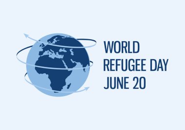 Dünya Mülteci Günü vektörü. Dünya gezegeni ok vektörüyle. Dünya üzerindeki insan göçü ikonu. Dünya Küre Afrika Manzarası. Mülteci Günü Posteri, 20 Haziran. Önemli bir gün.