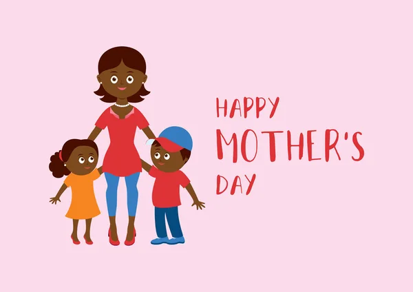 Happy Mother Day Lettering African American Mom Children Vector Happy — Stock Vector