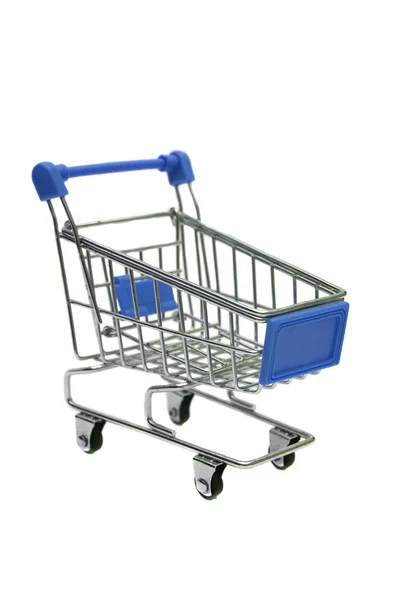 Miniatura Supermercado Carrinho Azul Isolado Fundo Branco — Fotografia de Stock