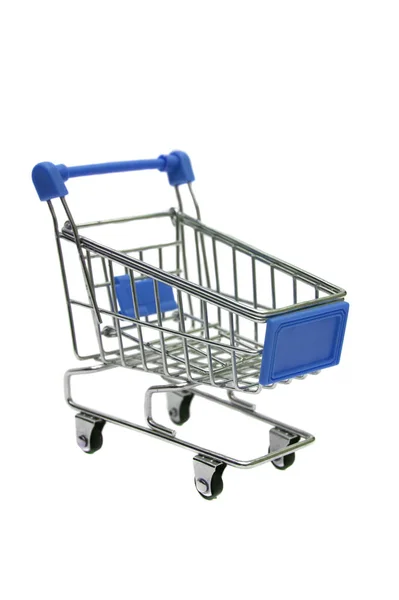 Supermarché Miniature Bleu Trolley Isolé Sur Fond Blanc — Photo