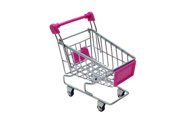 Miniatuur Roze Trolley Supermarkt Geïsoleerd Witte Achtergrond — Stockfoto