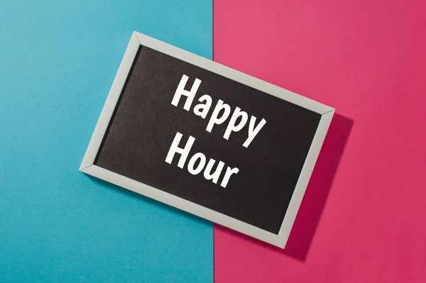 Happy Hour Text Chalkboard Blue Pink Bright Background — Stock Photo, Image