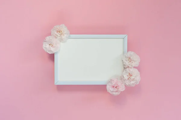 Flat lay - white blank frame with pink carnations on a pink back