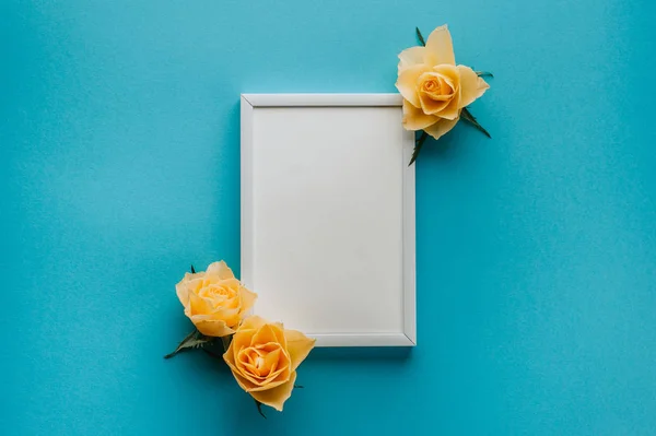 Düz bir çerçeve. Mavi sırtında sarı güller olan beyaz bir çerçeve.