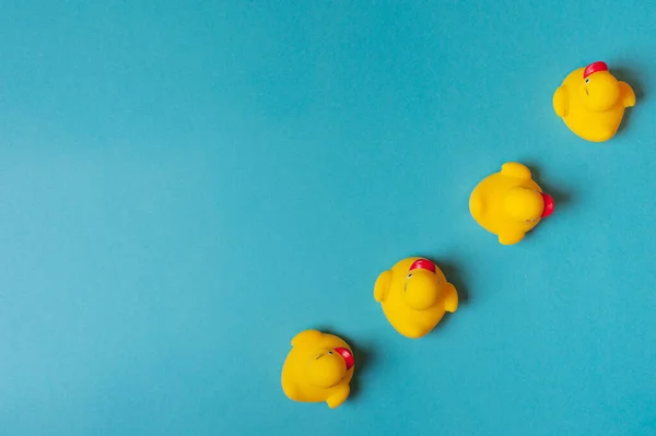 Čtyři Žluté Gumové Kachny Modrém Pozadí Koncept Koupele Kopírovat Prostor Stock Snímky