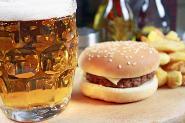 Close Hamburger Fries Cold Beer — Stock Photo, Image