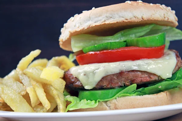 Primer Plano Sabrosa Hamburguesa Con Papas Fritas — Foto de Stock