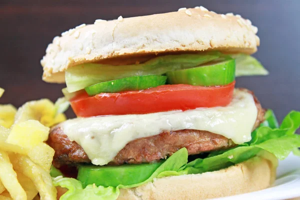 Primer Plano Sabrosa Hamburguesa Con Papas Fritas — Foto de Stock