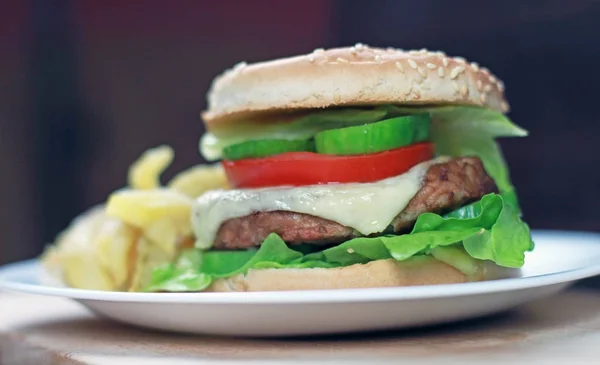 Primer Plano Sabrosa Hamburguesa Con Papas Fritas — Foto de Stock