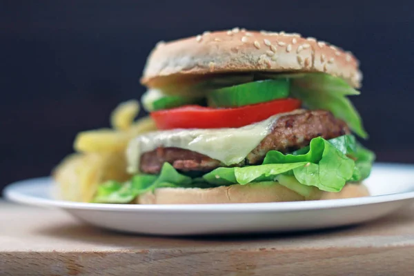 おいしいハンバーガーとフライド ポテトのクローズ アップ — ストック写真