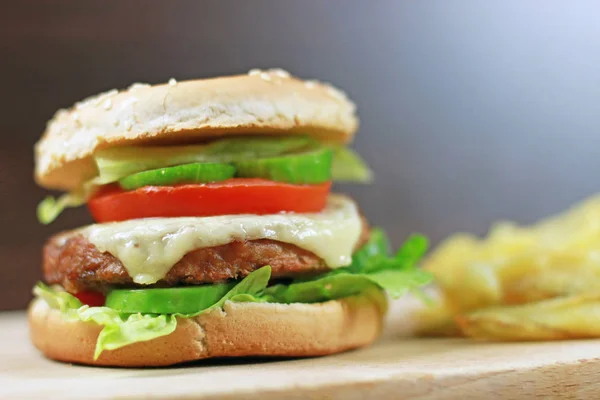 Primer Plano Sabrosa Hamburguesa Con Papas Fritas — Foto de Stock