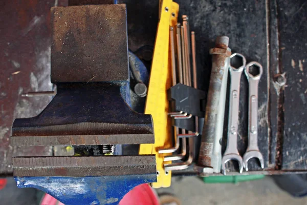 Close up of tools on workshop table