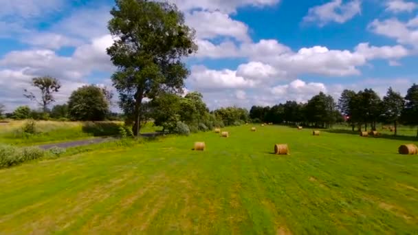 Volando Sobre Fardos Heno Campo — Vídeo de stock