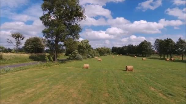 Vliegen Hooibalen Een Veld — Stockvideo