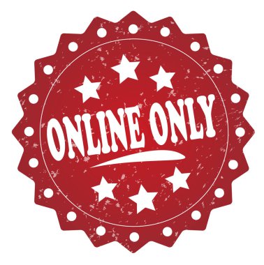 Beyaz arka plan üzerinde online sadece kırmızı grunge damgası
