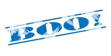 Boo! beyaz zemin üzerine mavi pul 
