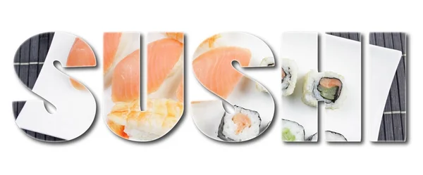 Sushi Tekst Met Foto Witte Achtergrond — Stockfoto