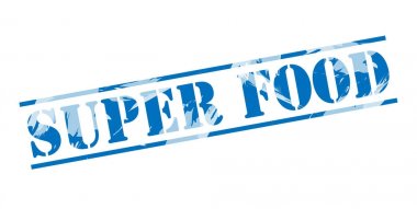 Beyaz arka plan üzerinde süper gıda mavi pul 