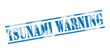 Tsunami uyarı mavi pul beyaz arka plan üzerinde