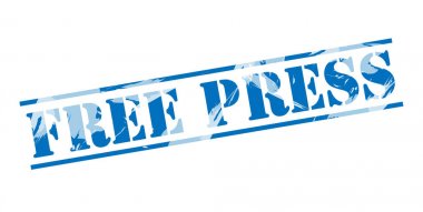 Beyaz arka plan üzerinde özgür basın mavi pul