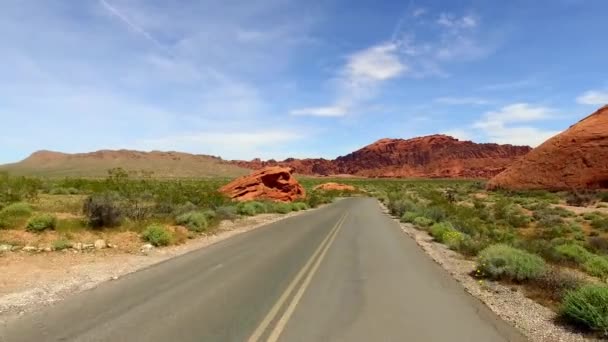 Unglaublich schöne landschaft im südlichen nevada, tal of fire state park usa. reibungslose Kamerafahrt auf der Straße. — Stockvideo