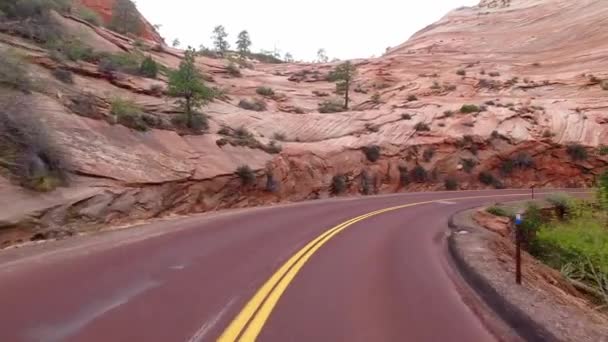 ザイオン国立公園、ワシントン郡、ユタ州の米国の信じられないほど美しい風景です。道路に沿って滑らかなカメラの動き. — ストック動画