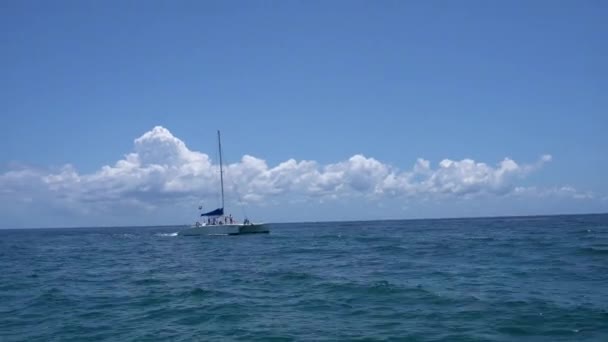 Катамаран парусной яхты плавает по волнам в теплом Карибском море. Парусник. Парусник. Канкун Мексика. Летний солнечный день, голубое небо с облаками — стоковое видео