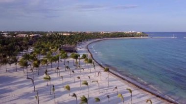 Hava dron vurdu. Kamera yavaş yavaş Karayip Denizi'nin kıyısında muhteşem bir görünüm ortaya çıkarmak için yukarıya doğru yükselir. Gün batımı sırasında Hindistan cevizi avuç içi güzel gölgesinde. Riviera Maya, Quintana Roo, Meksika