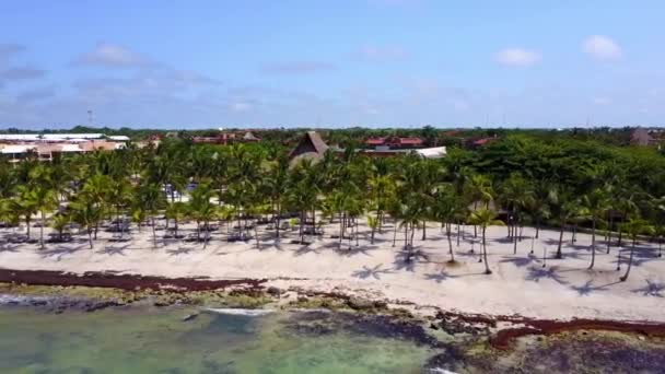 Antenn drönare sköt. Flygfoto ovanifrån, birde ögat Visa på en lyx resort hotel beach en tropiska kust. Turkosa vattnet i Karibiska havet. Riviera Maya Mexico — Stockvideo