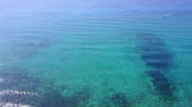 Hava dron vurdu. Mercan bir kuş bakışı görünüme üzerinden bir bakış. Sörfçü kürek yatılı kadar hazır. Kamerayı aşağı görünüyor ve ileri yavaş yavaş uçar. Turkuaz su Karayip Denizi. Riviera Maya Meksika