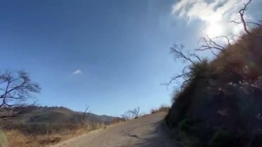 Malibu kanyonunda dar bir yolda araba kullanmak. Yangından sonra görünen ağaçlar ve çalılar yanmış. Malibu California 'da güneşli bir gün..