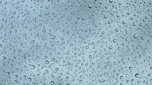 Closeup of water droplets on a glass, during the rain. Large raindrops fall on a window pane 4K. — Stock Video