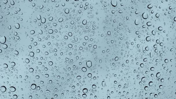 Closeup of water droplets on a glass, during the rain. Large raindrops fall on a window pane 4K. — Stock Video