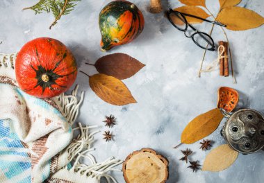 Sarı akçaağaç yaprakları ve kabak ile sonbahar arka plan. Çerçeve sonbaharda hasat kopya alanı ile. Mockup mevsimlik teklifler için