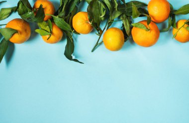 Taze mandalina ile izole üzerinde mavi arka plan bırakır. Üstten Görünüm