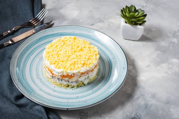 Geleneksel Rus salatası Mimosa sardalya, soğan, patates, havuç, peynir, yumurta ve mayonez ile