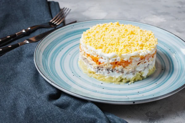 Geleneksel Rus salatası Mimosa sardalya, soğan, patates, havuç, peynir, yumurta ve mayonez ile