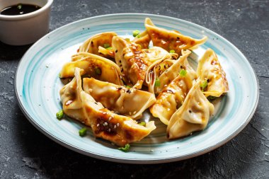 Japon gyoza 'sı ya da siyah taşlı soya soslu hamur tatlısı.
