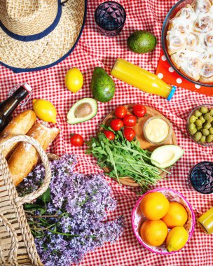 Taze meyve, sebze, salata, portakal suyu, çiçek ve ekose ekmekli ev yapımı piknik. Güzel natürmort.