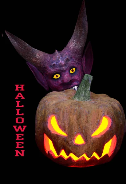 Čert s rohy pro halloween a strašidelné dýně — Stock fotografie