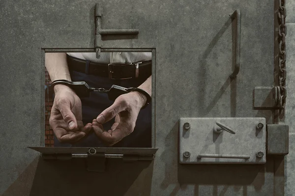 Men's dirty hands in handcuffs. Arrested person — Stock Photo, Image