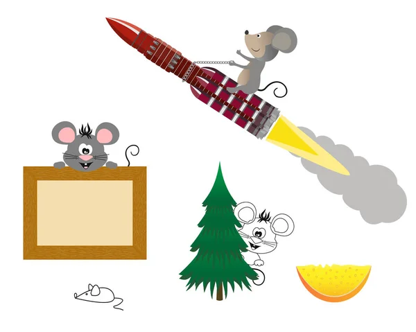 Maus auf einer Rakete, mit einem Schild und einem Weihnachtsbaum. — Stockvektor