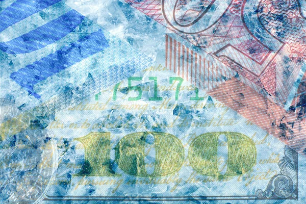 现金冻结概念。 美元、法郎、英镑加冰块 — 图库照片