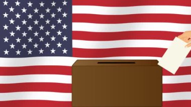 Amerika Birleşik Devletleri 'nde seçim günü. Bir adam oy veriyor, oy sandığına oy atıyor gelişmekte olan bir Amerikan bayrağının arka planına karşı. 4k animasyon.