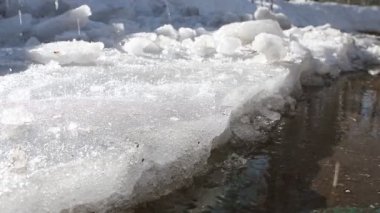 Özel bir baltayla Dorg 'a buz ezmek. Asfalttaki buzun erimesini hızlandırmak için bahar çalışması. Yavaş çekim.