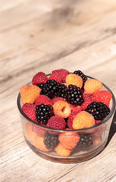 Organic golden and red raspberries mixed with blackberries — Stock Photo, Image