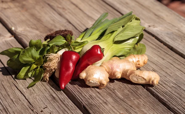 Especiarias de manjericão orgânico, pimenta vermelha, bok choy chinês verde, cebola verde e gengibre — Fotografia de Stock